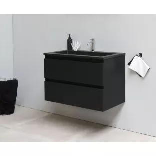 Sanilet badkamermeubel 80 cm breed - mat zwart - in elkaar gezet - zonder spiegel - wastafel zwart acryl - 1 kraangat