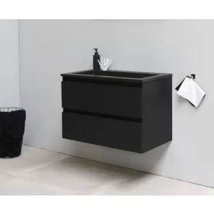 Sanilet badkamermeubel 80 cm breed - mat zwart - in elkaar gezet - met spiegel - wastafel zwart acryl - 0 kraangaten