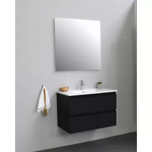 Sanilet badkamermeubel 80 cm breed - mat zwart - bouwpakket - met spiegel - wastafel porselein - 1 kraangat