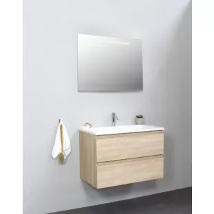 Sanilet badkamermeubel 80 cm breed - eiken - in elkaar gezet - met ledverlichting - wastafel wit acryl - 1 kraangat