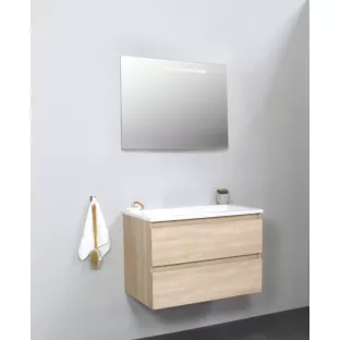 Sanilet badkamermeubel 80 cm breed - eiken - in elkaar gezet - met ledverlichting - wastafel wit acryl - 0 kraangaten