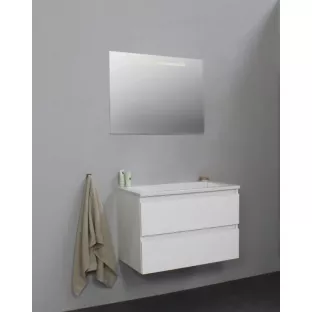 Sanilet badkamermeubel 80 cm breed - hoogglans wit - flatpack - met ledverlichting - wastafel wit acryl - 0 kraangaten