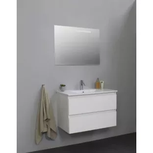 Sanilet badkamermeubel 80 cm breed - hoogglans wit - flatpack - met ledverlichting - wastafel porselein - 1 kraangat