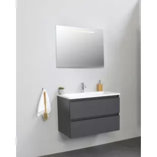 Sanilet badkamermeubel 80 cm breed - mat antraciet - in elkaar gezet - met ledverlichting - wastafel wit acryl - 1 kraangat