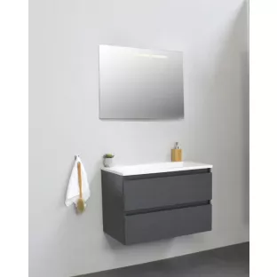Sanilet badkamermeubel 80 cm breed - mat antraciet - in elkaar gezet - met ledverlichting - wastafel wit acryl - 0 kraangaten