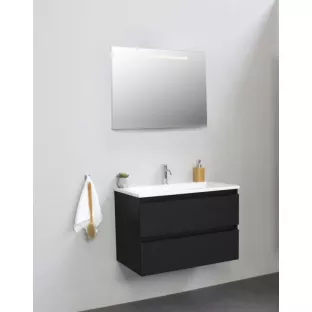 Sanilet badkamermeubel 80 cm breed - mat zwart - in elkaar gezet - met ledverlichting - wastafel wit acryl - 1 kraangat