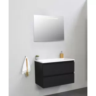 Sanilet badkamermeubel 80 cm breed - mat zwart - flatpack - met ledverlichting - wastafel wit acryl - 0 kraangaten