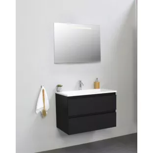 Sanilet badkamermeubel 80 cm breed - mat zwart - in elkaar gezet - met ledverlichting - wastafel porselein - 1 kraangat