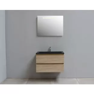 Sanilet badkamermeubel 80 cm breed - eiken - flatpack - met ledverlichting - wastafel zwart acryl - 1 kraangat