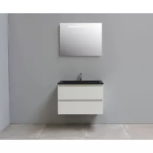 Sanilet badkamermeubel 80 cm breed - hoogglans wit - flatpack - met ledverlichting - wastafel zwart acryl - 1 kraangat