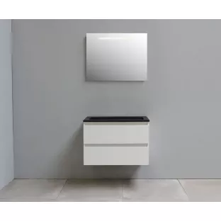 Sanilet badkamermeubel 80 cm breed - hoogglans wit - flatpack - met ledverlichting - wastafel zwart acryl - 0 kraangaten