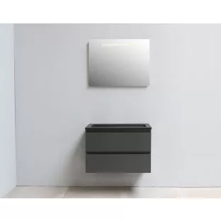 Sanilet badkamermeubel 80 cm breed - mat antraciet - flatpack - met ledverlichting - wastafel zwart acryl - 0 kraangaten
