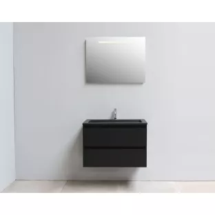 Sanilet badkamermeubel 80 cm breed - mat zwart - flatpack - met ledverlichting - wastafel zwart acryl - 1 kraangat