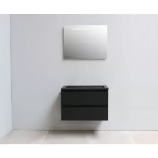 Sanilet badkamermeubel 80 cm breed - mat zwart - flatpack - met ledverlichting - wastafel zwart acryl - 0 kraangaten