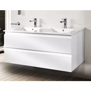 Sanilet Daan badkamermeubel 120 cm breed - Mat wit - in elkaar gezet - zonder spiegel - wastafel porselein - 2 kraangaten
