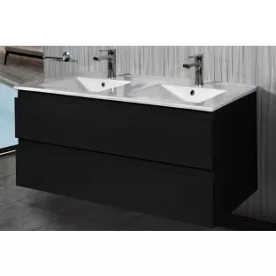Sanilet Daan badkamermeubel 120 cm breed - Mat zwart - in elkaar gezet - zonder spiegel - wastafel porselein - 2 kraangaten