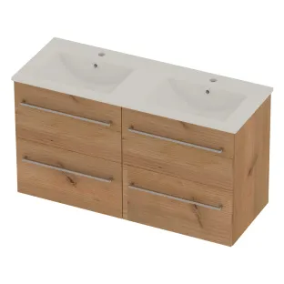 Basic Line Coach 46 Badkamermeubel - porselein dubbele wastafel glans wit 2 kraangaten - 2 onderkasten met 4 laden met greep - 120x46x62 cm - Whisky oak
