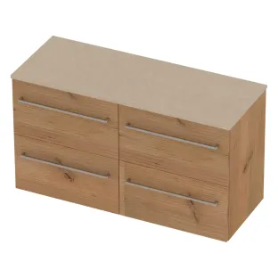Basic Line Deck 46 Badkamermeubel voor waskom - afdekplaat hardsteen sand stone - 2 onderkasten met 4 laden met greep - 120x46x66 cm - Whisky oak