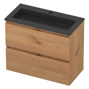 Basic Line Mood 39 Badkamermeubel - acryl wastafel mat zwart 1 kraangat - 2 laden greeploos - 80x39x62 cm - Whisky oak