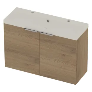 Basic Line Pretty 36 Badkamermeubel - polystone wastafel mat wit 2 kraangaten - 2 deuren met greep - 100x36x70 cm - Pure oak