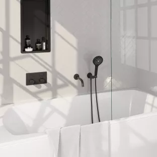 Brauer Black Carving inbouw badthermostaat met drukknoppen - uitloop - ronde handdouche - doucheslang - wandaansluitbocht - Mat Zwart