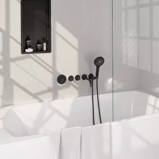 Brauer Black Carving inbouw badthermostaat met uitloop - ronde handdouche- doucheslang - wandaansluitbocht - Mat Zwart