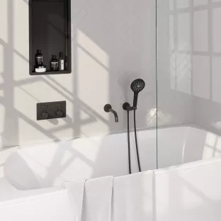 Brauer Black Edition inbouw badthermostaat met drukknoppen - uitloop - ronde handdouche - doucheslang - wandaansluitbocht - Mat Zwart