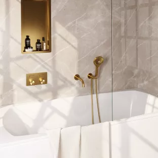 Brauer Gold Carving inbouw badthermostaat met drukknoppen - uitloop - ronde handdouche - doucheslang - wandaansluitbocht - Geborsteld goud PVD