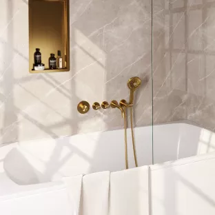 Brauer Gold Carving inbouw badthermostaat met uitloop - ronde handdouche- doucheslang - wandaansluitbocht - Geborsteld goud PVD