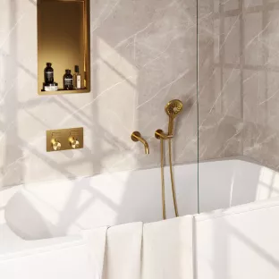 Brauer Gold Edition inbouw badthermostaat met drukknoppen - uitloop - ronde handdouche - doucheslang - wandaansluitbocht - Geborsteld goud PVD