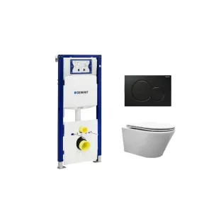 Geberit UP320 Toiletset - Vesta rimless wandcloset met flatline toiletzitting softclose en quick release glans wit - Sigma 01 bedieningsplaat git zwart