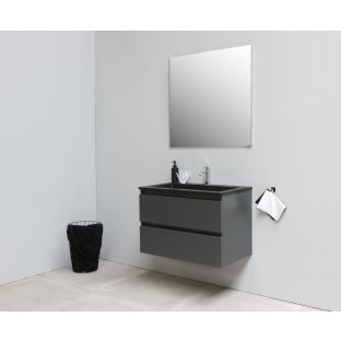 Sanilet badkamermeubel 80 cm breed - mat antraciet - bouwpakket - met spiegel - wastafel zwart acryl - 1 kraangat