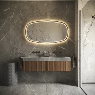 HIPP Design Phantom 009 Deens ovale spiegel op mat zwart frame - Met directe en indirecte LED verlichting rondom, spiegelverwarming en kleurenwissel - 100x65 cm