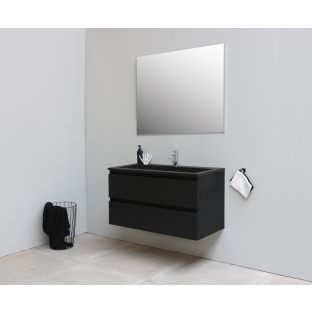 Sanilet badkamermeubel 80 cm breed - mat zwart - bouwpakket - met spiegel - wastafel zwart acryl - 1 kraangat