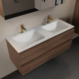 Mondiaz Aivy - 120 cm badmeubelset met spiegelkast - Mocha MDF - wastafel Talc - solid surface dubbel - 2 kraangaten