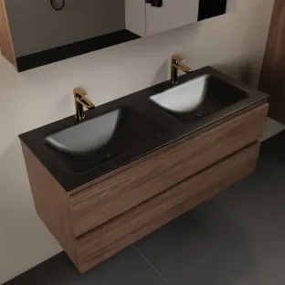 Mondiaz Aivy - 120 cm badmeubelset met spiegelkast - Mocha MDF - wastafel Urban - solid surface dubbel - 2 kraangaten