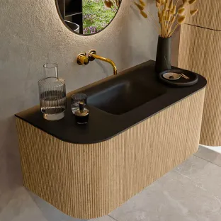 MONDIAZ Kurve 100cm badmeubel - kleur Oak - 1 lade - GRUNNE wastafel - wasbak Links en Rechts - zonder kraangat - kleur Urban