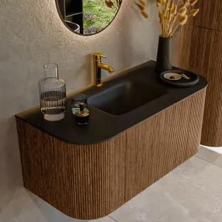 MONDIAZ Kurve 100cm badmeubel - kleur Walnut - 1 lade - GRUNNE wastafel - wasbak Links en Rechts - 1 kraangat - kleur Urban