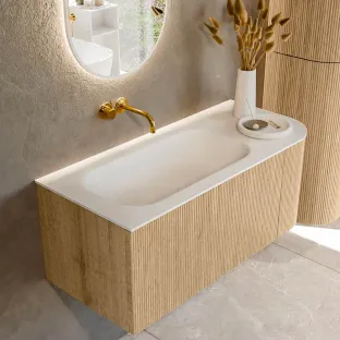 MONDIAZ Kurve 105cm badmeubel - kleur Oak - 1 lade - BIG SMALL wastafel - wasbak midden - zonder kraangat - kleur Talc