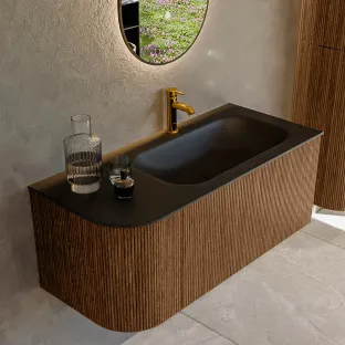 MONDIAZ Kurve 105cm badmeubel - kleur Walnut - 2 lades - BIG SMALL wastafel - wasbak Links - 1 kraangat - kleur Urban