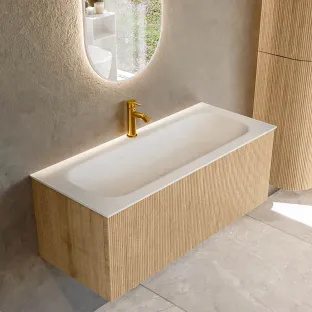 MONDIAZ Kurve 110cm badmeubel - kleur Oak - 1 lade - BIG MEDIUM wastafel - wasbak midden - 1 kraangat - kleur Talc