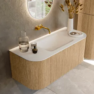 MONDIAZ Kurve 110cm badmeubel - kleur Oak - 1 lade - CLOUD wastafel - wasbak Links en Rechts - zonder kraangat - kleur Talc
