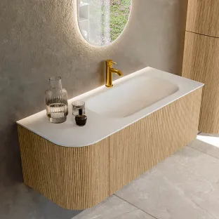 MONDIAZ Kurve 115cm badmeubel - kleur Oak - 2 lades - BIG SMALL wastafel - wasbak Links - 1 kraangat - kleur Talc
