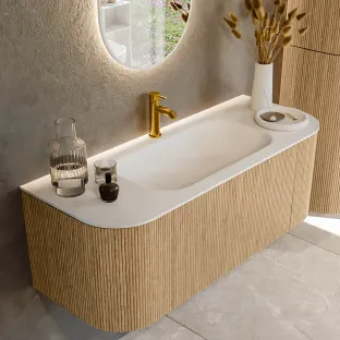 MONDIAZ Kurve 120cm badmeubel - kleur Oak - 1 lade - BIG SMALL wastafel - wasbak Links en Rechts - 1 kraangat - kleur Talc