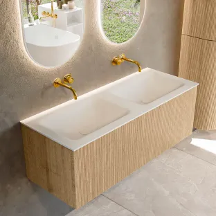 MONDIAZ Kurve 120cm badmeubel - kleur Oak - 1 lade - CLOUD wastafel - wasbak midden - zonder kraangat - kleur Talc