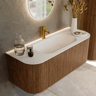 MONDIAZ Kurve 120cm badmeubel - kleur Walnut - 1 lade - BIG SMALL wastafel - wasbak Links en Rechts - 1 kraangat - kleur Talc