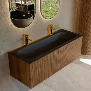 MONDIAZ Kurve 120cm badmeubel - kleur Walnut - 2 lades - BIG LARGE wastafel - wasbak Links - 2 kraangaten - kleur Urban