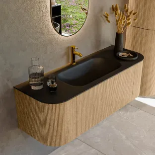 MONDIAZ Kurve 130cm badmeubel - kleur Oak - 1 lade - BIG SMALL wastafel - wasbak Links en Rechts - 1 kraangat - kleur Urban