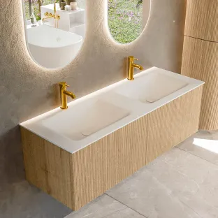 MONDIAZ Kurve 130cm badmeubel - kleur Oak - 1 lade - CLOUD wastafel - wasbak midden - 2 kraangaten - kleur Talc