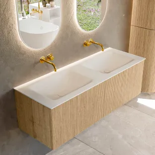 MONDIAZ Kurve 130cm badmeubel - kleur Oak - 1 lade - CLOUD wastafel - wasbak midden - zonder kraangat - kleur Talc